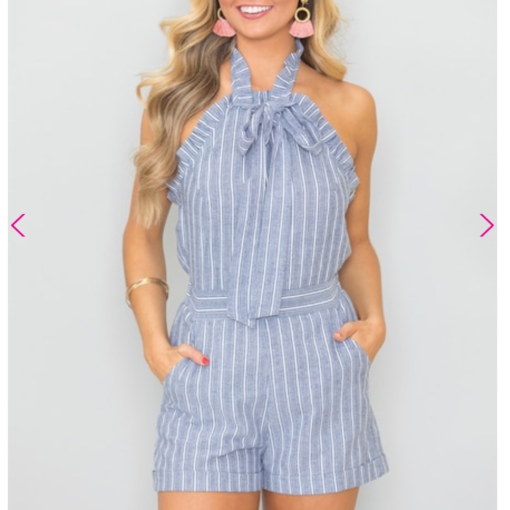 PinkLily Blue Halter Striped Romper - Picture 2 of 4